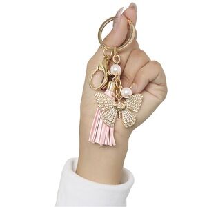 Juicy Couture Pink Tassel Butterfly Keychain with Pearls and Gold Hardware